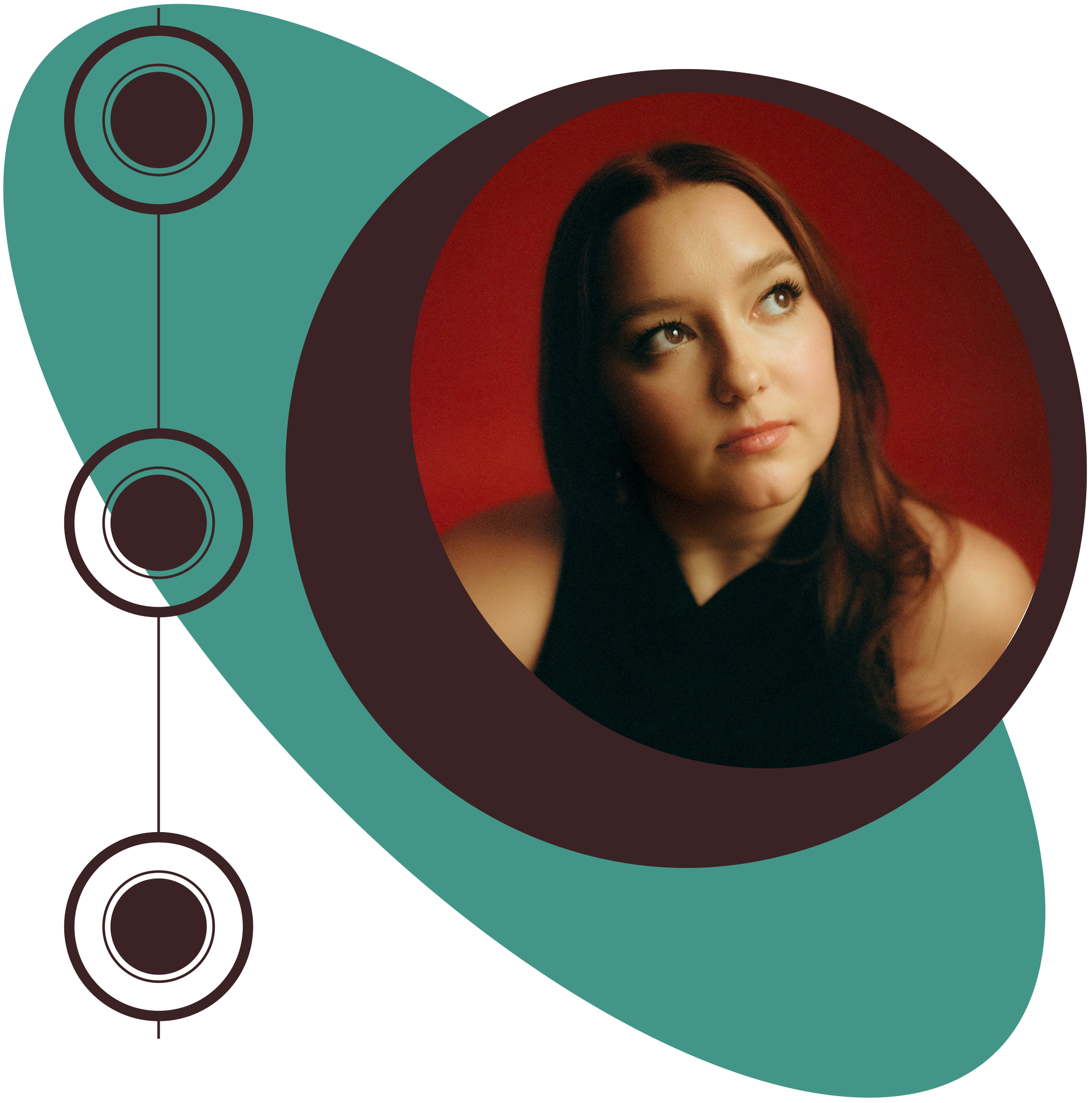 Joie Bianco circular headshot graphic with vertical dots and seafoam ellipse background