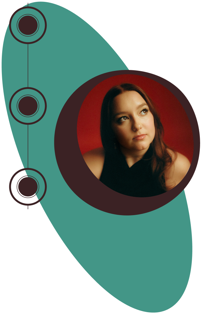 Joie Bianco circular headshot graphic with vertical dots and seafoam ellipse background